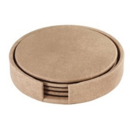 The Bodrum Tanner Coaster Set & Holder features elegant light brown coasters stacked in a matching open-front holder, providing stylish protection for your furniture.