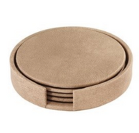 The Bodrum Tanner Coaster Set & Holder features elegant light brown coasters stacked in a matching open-front holder, providing stylish protection for your furniture.