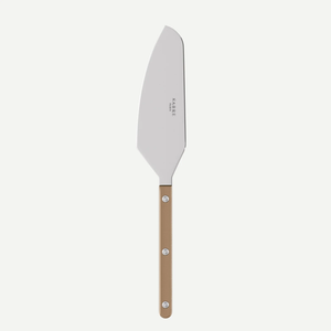 The Sabre Bistrot Pearly Tart Slicer features a wide, angled blade and a wooden handle secured by three metal rivets, shown against a plain white background—perfect for those who value customizable tableware to enhance their collection.