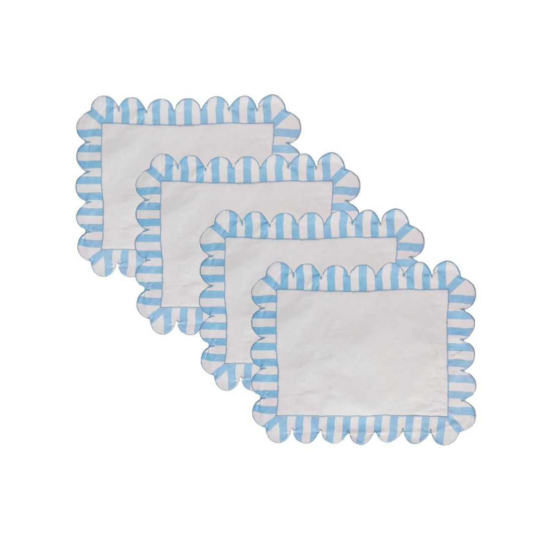 Jardin Linen Scalloped Stripe Rectangle Placemat Set of 4 - Blue