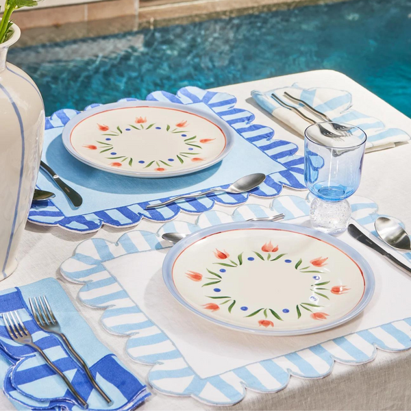 Jardin Linen Scalloped Stripe Rectangle Placemat Set of 4 - Blue.