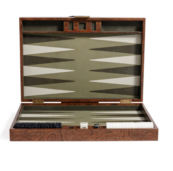 The Zodax Malaga 19" Backgammon Set features an open wood veneer case with a green and white leather playing surface, neatly arranged black and white game pieces, and dice in the storage tray—a stylish portable board game designed for enthusiasts.
