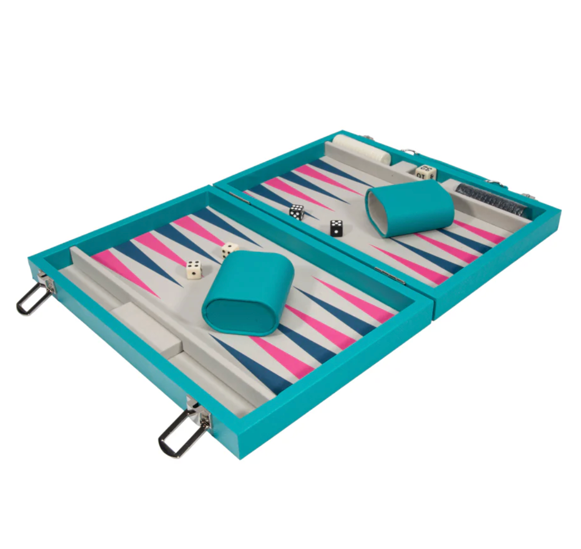 The Brouk & Co Mini Travel Backgammon Set features a turquoise magnetic case, blue, pink, and white triangles, dice, checkers, and two matching dice cups—perfect as a portable backgammon game for travel.