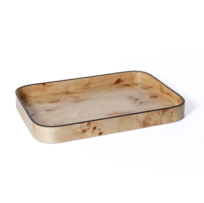 The Zodax Valari Rectangle Serving Tray features a light wood grain finish and rounded corners—ideal for use as a stylish coffee table tray.