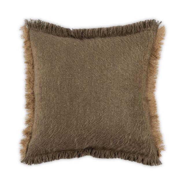 The Cosy Frayed Pillow - Cocoa 22 x 22 by Moss Studio features a soft, brown texture with shaggy fringe along the edges, shown here against a white background.