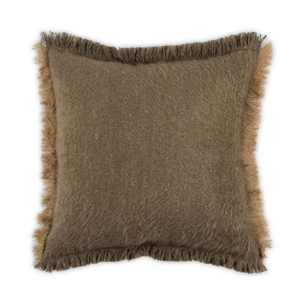 The Cosy Frayed Pillow - Cocoa 22 x 22 by Moss Studio features a soft, brown texture with shaggy fringe along the edges, shown here against a white background.