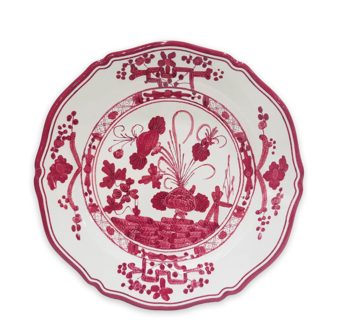 The Beatriz Ball Faenza Melamine Dinnerware Deep Pink - Set of 4 features a scalloped edge and intricate red floral and geometric designs on white, inspired by classic Italian ceramics.