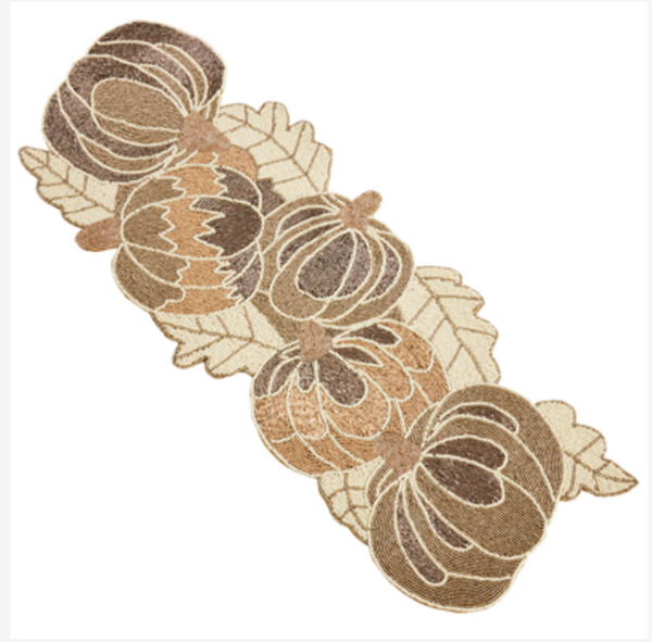 Saro Trading Beaded Pumpkin Runner - Gold featuring a repeating harvest-inspired centerpiece pattern of beaded pumpkins and leaves in shades of gold and brown, perfect for autumn table decor.