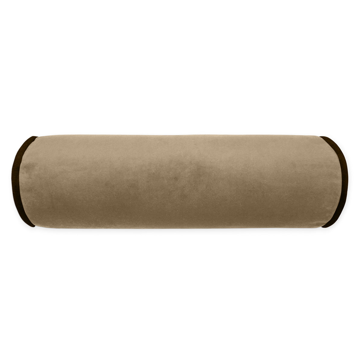 The Posh Roll Pillow Latte 7 x 21 by D.V. KAP / Canaan Company is a cylindrical beige pillow with black ends—ideal for lumbar support and modern interiors, shown against a white background.