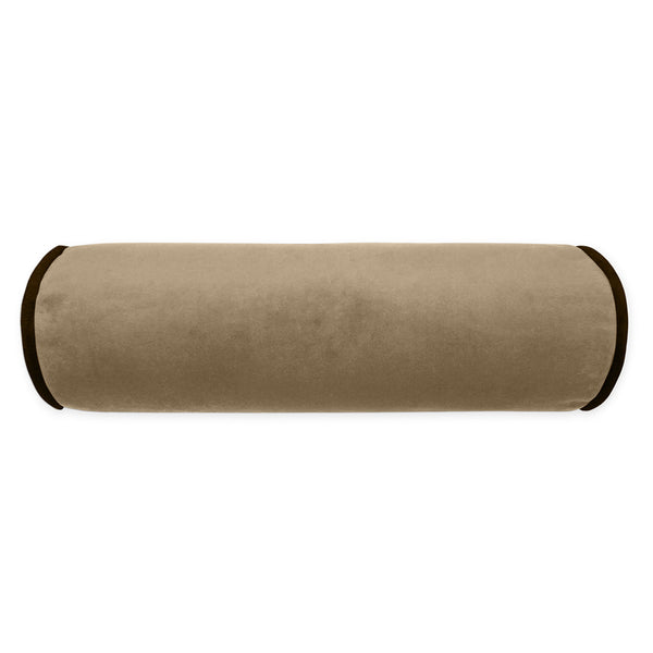 The Posh Roll Pillow Latte 7 x 21 by D.V. KAP / Canaan Company is a cylindrical beige pillow with black ends—ideal for lumbar support and modern interiors, shown against a white background.