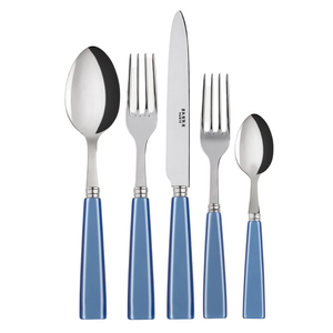 The Sabre Icone Flatware 5 Piece Setting features two forks, two spoons, and a knife in glossy blue handles, crafted from 18/10 stainless steel and arranged side by side on a white background.