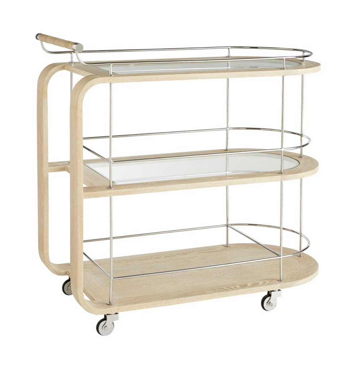 The Brays Bar Cart by Arteriors features vintage charm with three glass shelves, a bleached wood frame, metal rail accents, and four caster wheels for effortless mobility.