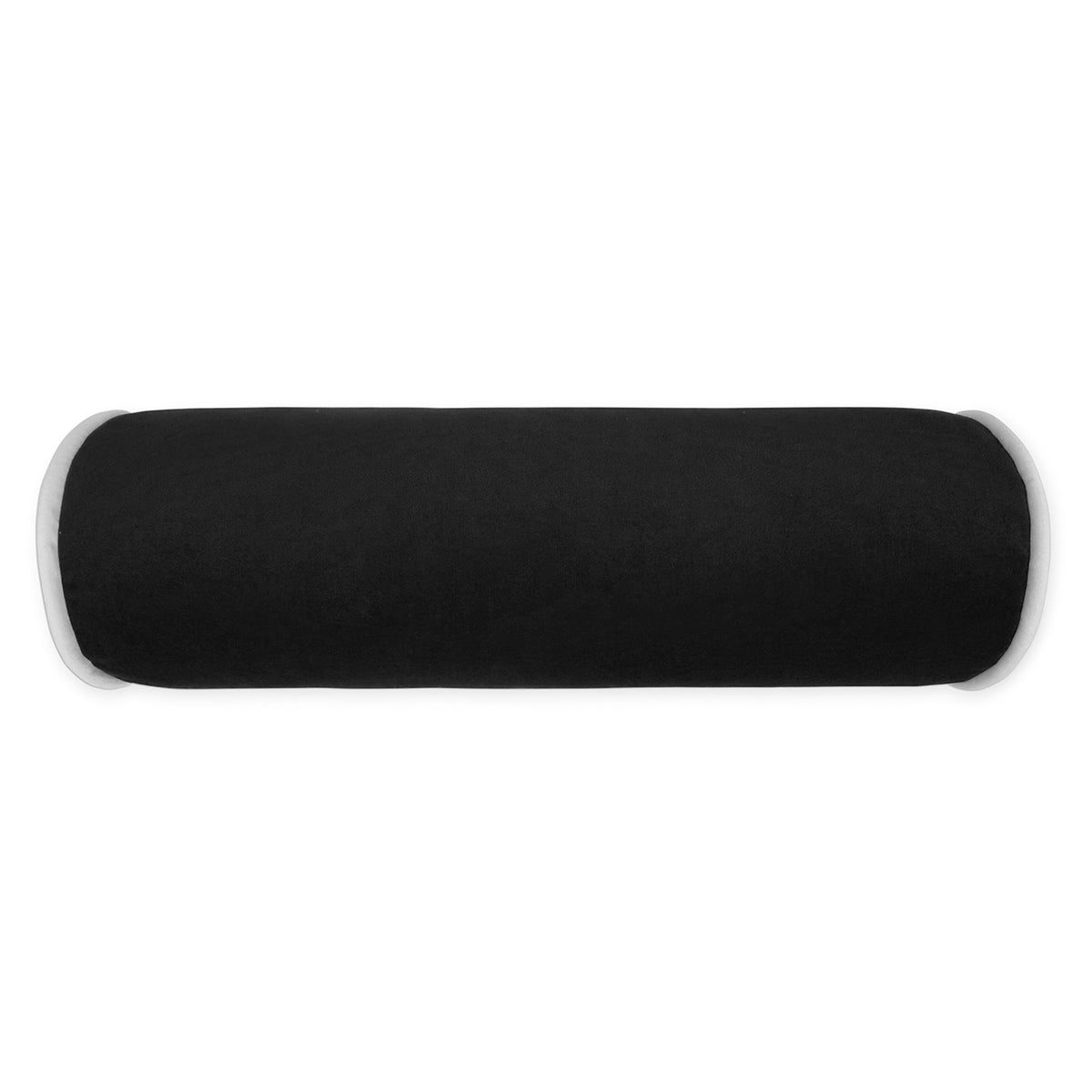 The Posh Roll Pillow Black 7 x 21 by D.V. KAP / Canaan Company is a sleek, cylindrical black pillow with white ends, ideal for lumbar support and modern decor, shown on a white background.