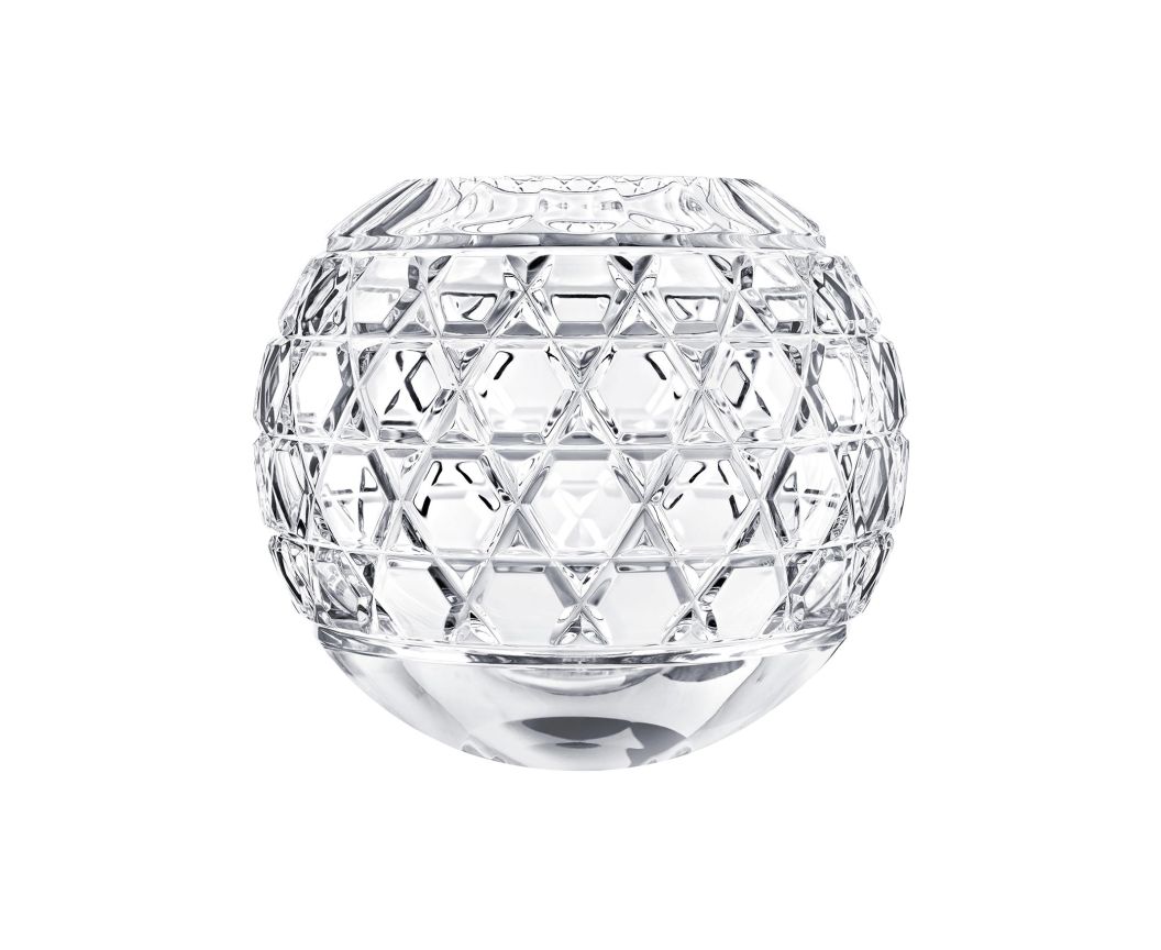 Clear spherical Royal Vase - from Saint-Louis with a faceted geometric pattern.