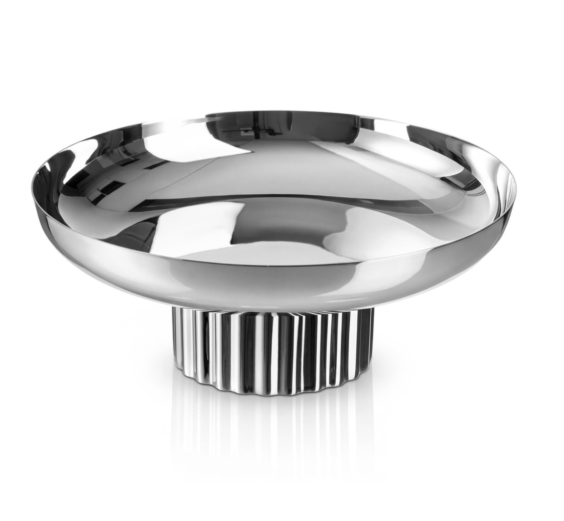 A Godinger Guilded Low Pedestal Bowl in silver-toned stainless steel with a wide, smooth rim and a fluted base.