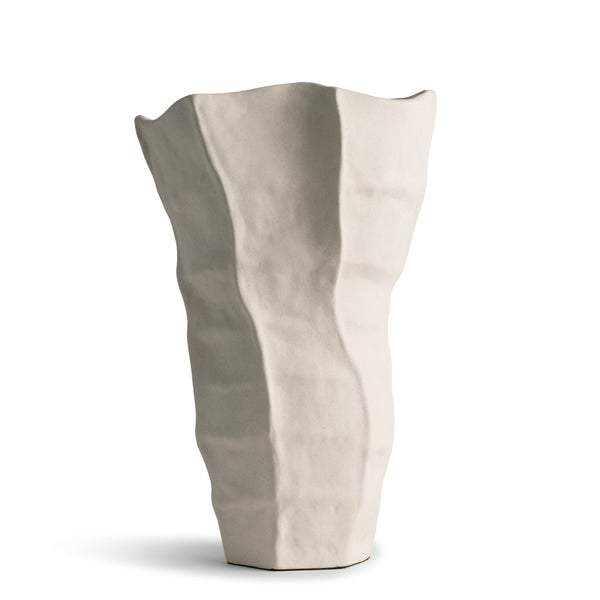 The Lucille Vase by FlowDecor Inc. is a tall, off-white ceramic piece featuring an irregular, wavy, and textured sculptural surface. Standing upright on a white background, it exemplifies artisanal-quality craftsmanship.