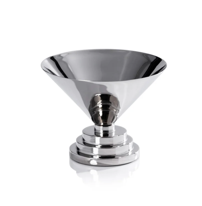 A shiny, polished nickel Malcolm Condiment Bowl by Zodax features a wide, flared top and a tiered, circular base, showcased against a plain white background and exuding an elegant Art Deco charm.