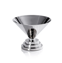 A shiny, polished nickel Malcolm Condiment Bowl by Zodax features a wide, flared top and a tiered, circular base, showcased against a plain white background and exuding an elegant Art Deco charm.