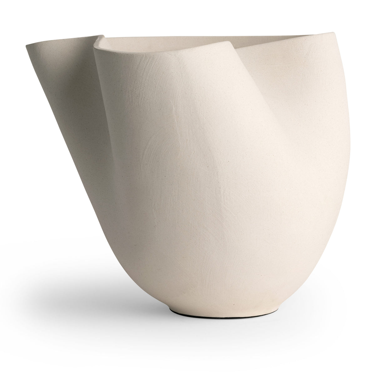The Carmen Vase by FlowDecor Inc. is a white ceramic piece with a matte finish, abstract silhouette, and gracefully folded edges, featuring an organic asymmetrical shape on a plain white background.