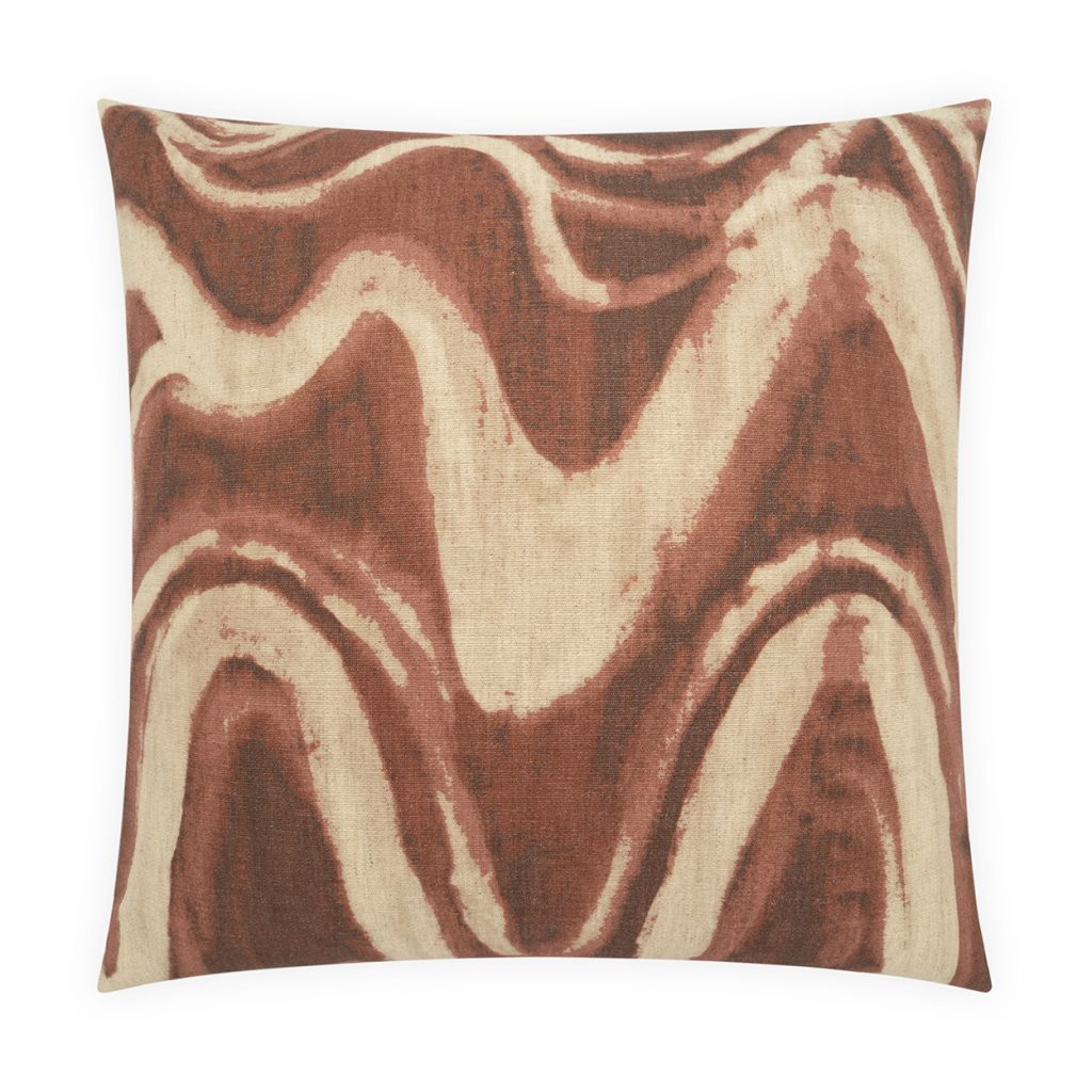 The Mistral Pillow Cabernet by D.V. KAP / Canaan Company features a square silhouette adorned with a wavy, abstract pattern in brown and beige tones. Organic, flowing lines evoke a marbled or watercolor effect, making this printed accent pillow a standout addition to any space. Shown here against a plain white background.