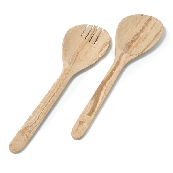 The Godinger Soleil Resin Salad Servers s/2 - Sand feature a pronged spatula and solid spoon with a light, natural look—perfect companions for your favorite durable or food-safe bowl.