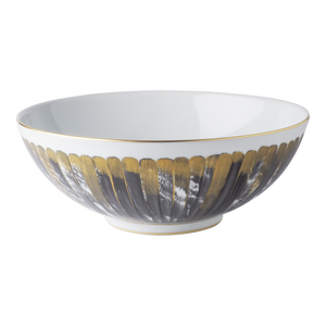 The Marie Daage Panache bowl by Marie Daâge features white Limoges porcelain with gold and gray brushstroke accents and a thin gold rim, making it an elegant addition to any luxury dinnerware collection.