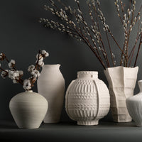 Five off-white Lucille Vases by FlowDecor Inc. of various shapes rest on a dark surface, each showcasing branches with cotton or pussy willow buds against a dark gray background. The artisanal quality and sculptural designs of these vases lend an elegant, handcrafted touch to the serene arrangement.