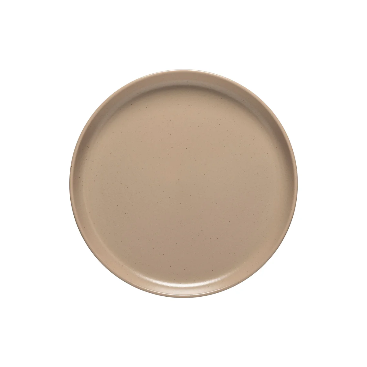 The Casafina/Costa Nova Pacifica Chestnut- plate is a round, plain, beige ceramic dish with a slightly raised rim, shown from above on a white background.