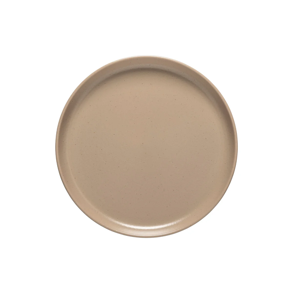 The Casafina/Costa Nova Pacifica Chestnut- plate is a round, plain, beige ceramic dish with a slightly raised rim, shown from above on a white background.