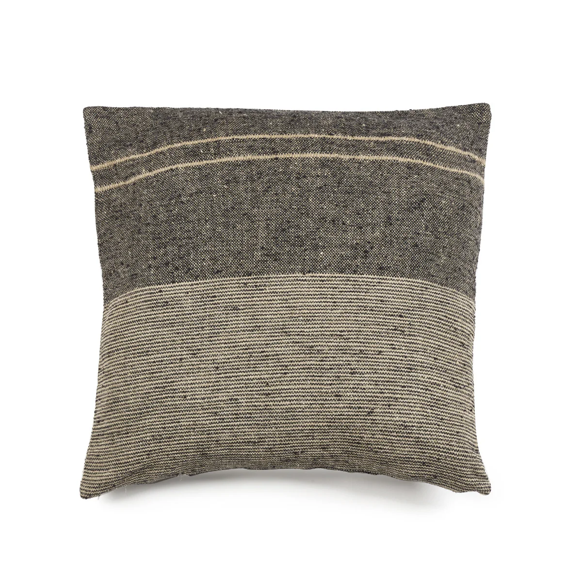 The Libeco Home Francis Pillow 25 x 25 features natural flax in a textured, two-tone dark gray and light beige stripe design. Its visible woven pattern and modern square shape bring subtle style to any space.