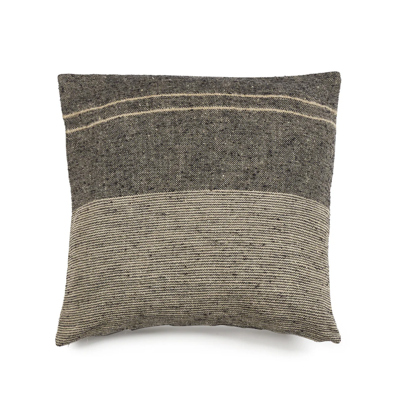 The Libeco Home Francis Pillow 25 x 25 features natural flax in a textured, two-tone dark gray and light beige stripe design. Its visible woven pattern and modern square shape bring subtle style to any space.