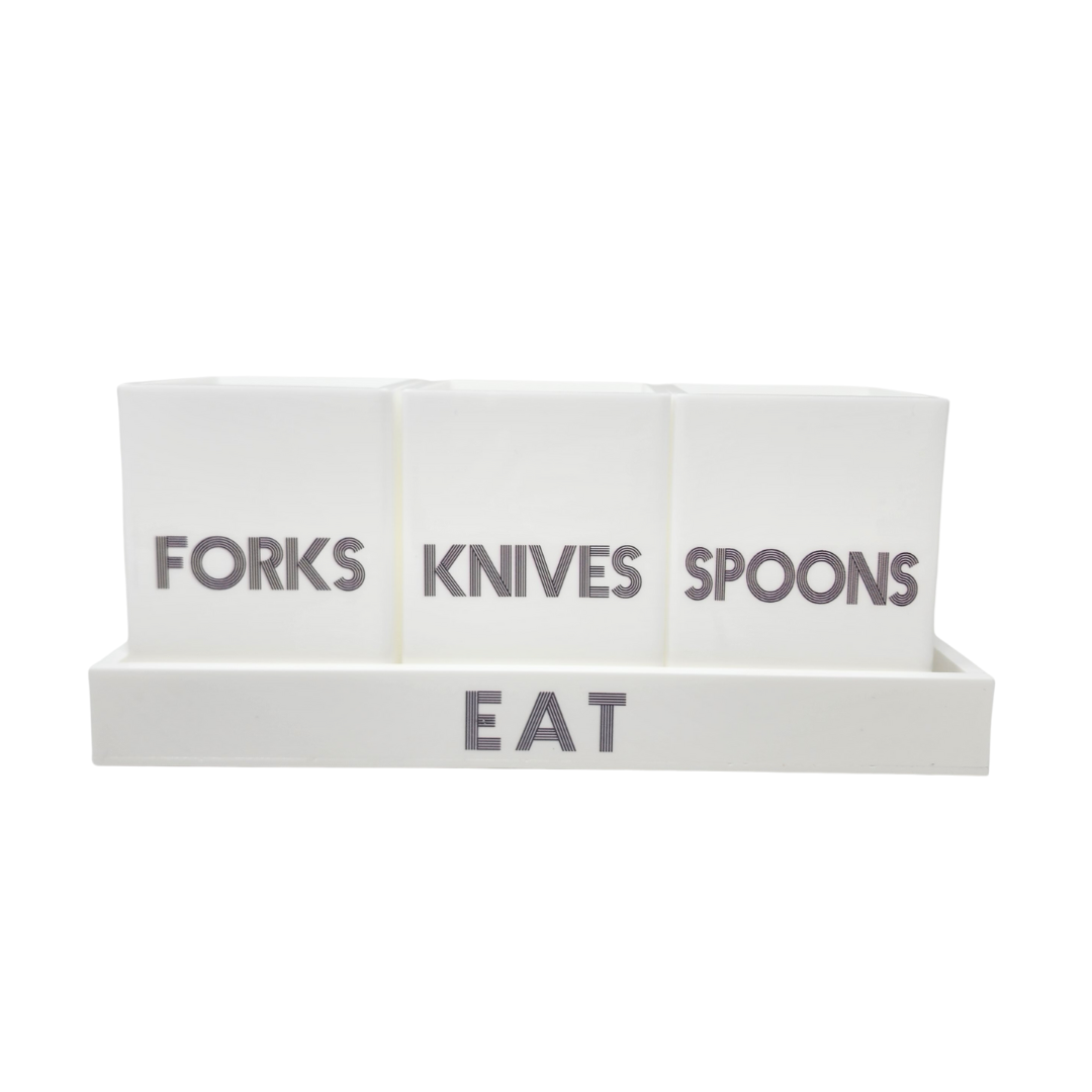 Let's Eat Silverware Caddy White with Dark Grey