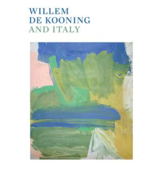 The ARTBOOK DAP/INGRAM "Willem de Kooning and Italy" book cover displays the title above an abstract artwork with vivid green, blue, yellow, and pink brushstrokes on white, showcasing his works on paper.