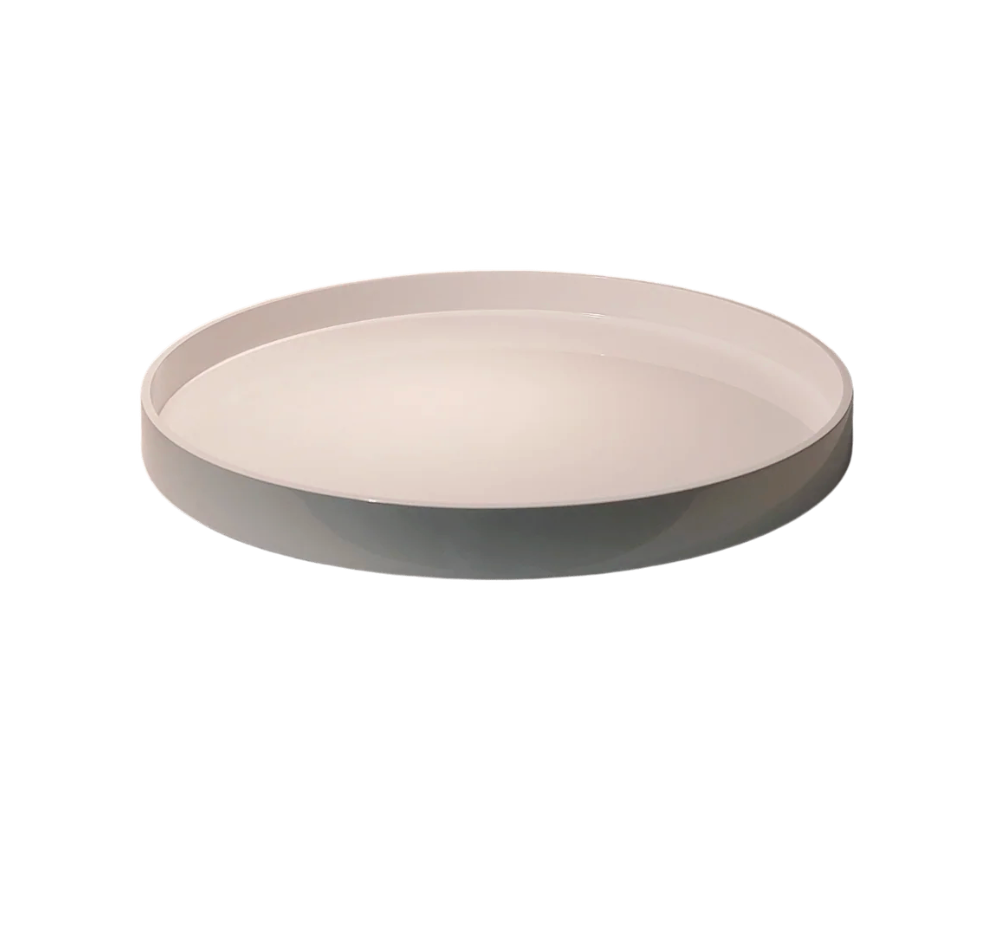 The Albert L Bamboo Classic Round Tray - Large - White features a round, shallow design with a raised edge, making it a stylish and sustainable decorative accent for any space. Shown against a plain white background.