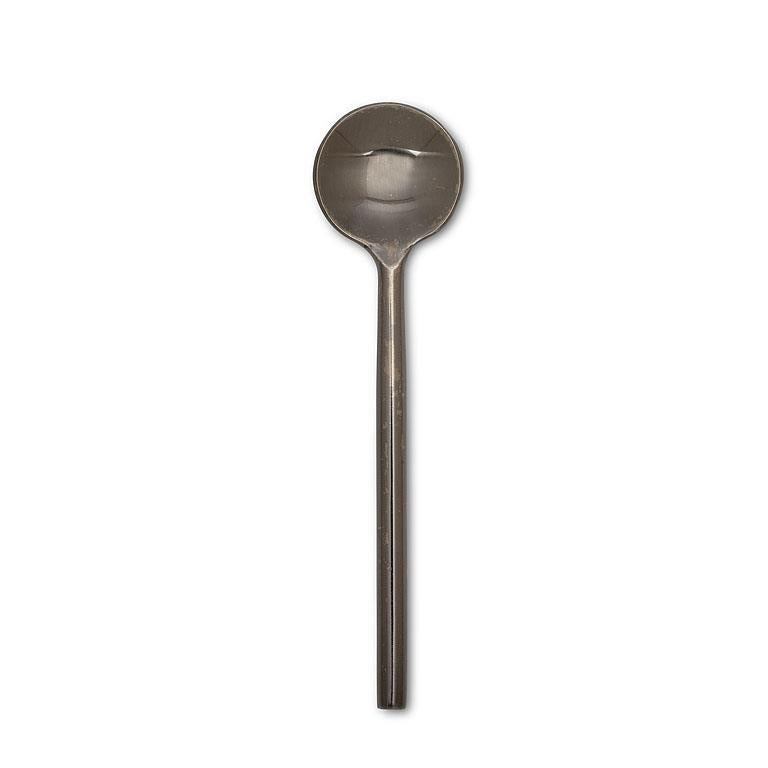 The Abbott Collection Modern Spoon Small features a polished black finish, round bowl, and straight handle, exemplifying modern minimalism against a plain white background.