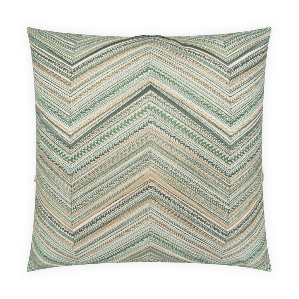 The Marquise Pillow 22 x 22 by D.V. KAP / Canaan Company features a chevron pattern in earthy green, beige, and tan tones for a natural, cozy look with Missoni-inspired zigzag stripes.