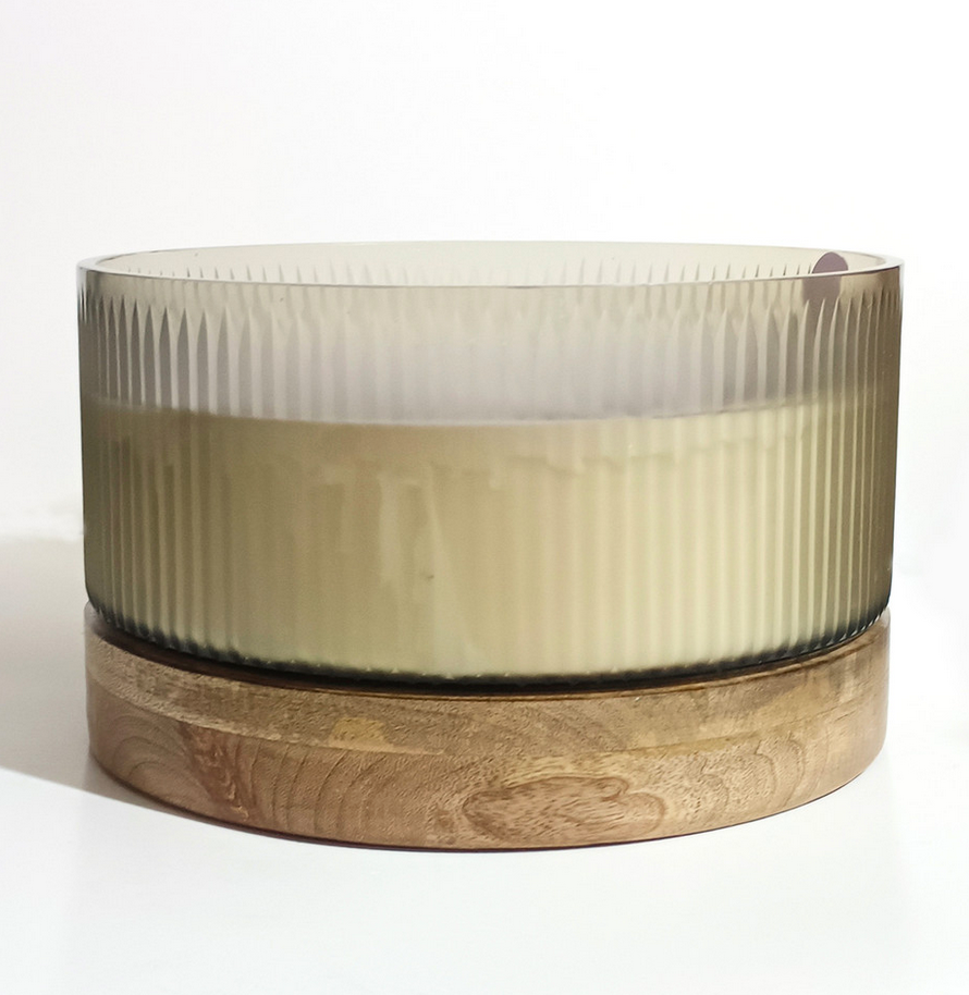 Luna Fluted Glass Candle w/ Wood Base 12" D