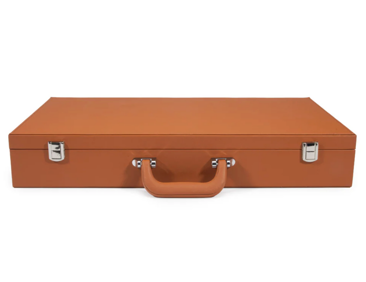 The Brouk & Co Ellen Mahjong Set - Saddle is a closed, rectangular brown vegan leather briefcase with a handle and two silver latches, ideal for carrying your Mahjong set, shown on a white background.