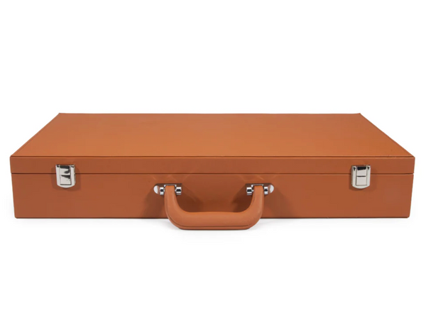 The Brouk & Co Ellen Mahjong Set - Saddle is a closed, rectangular brown vegan leather briefcase with a handle and two silver latches, ideal for carrying your Mahjong set, shown on a white background.