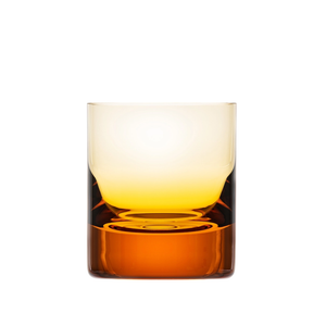 The Moser Whiskey DOF Glass 370 ml is a clear, lead-free Czech crystal tumbler featuring a gradient from amber at the base to yellow and clear at the top, displayed against a white background.