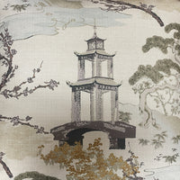 The Zen Pillow Pearl by Decor Fifty-Five features a textured cream linen cover with an Asian-inspired three-tier pagoda surrounded by trees and branches, evoking traditional landscape art.