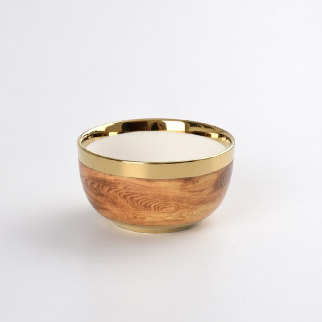 Madera Gold Snack Bowl with gold embellished rim. 