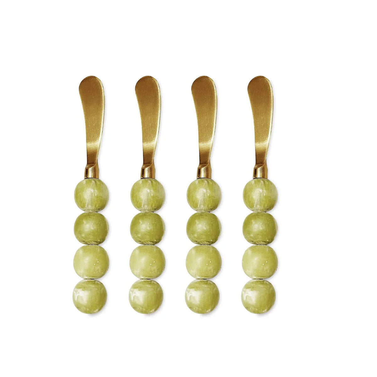 The Beatriz Ball Resin Sorbet Spreader Set of 4 in Matcha features gold butter spreaders with handles crafted from three stacked round green beads, arranged vertically side by side on a white background—perfect as unique hostess gifts or elegant additions to your charcuterie spread.