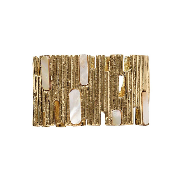 Inspired by the elegant design elements of the Kim Seybert Matrix Napkin Ring Set of 4 in gold, this rectangular brooch features vertical textured lines and inlaid rectangular pieces of iridescent mother-of-pearl arranged in an abstract pattern.