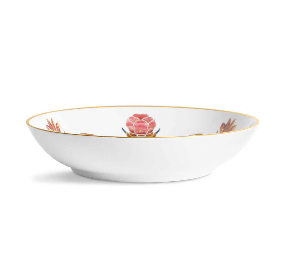 Grand Tour Dinnerware white porcelain bowl with 24k gold accents and colorful floral motifs.