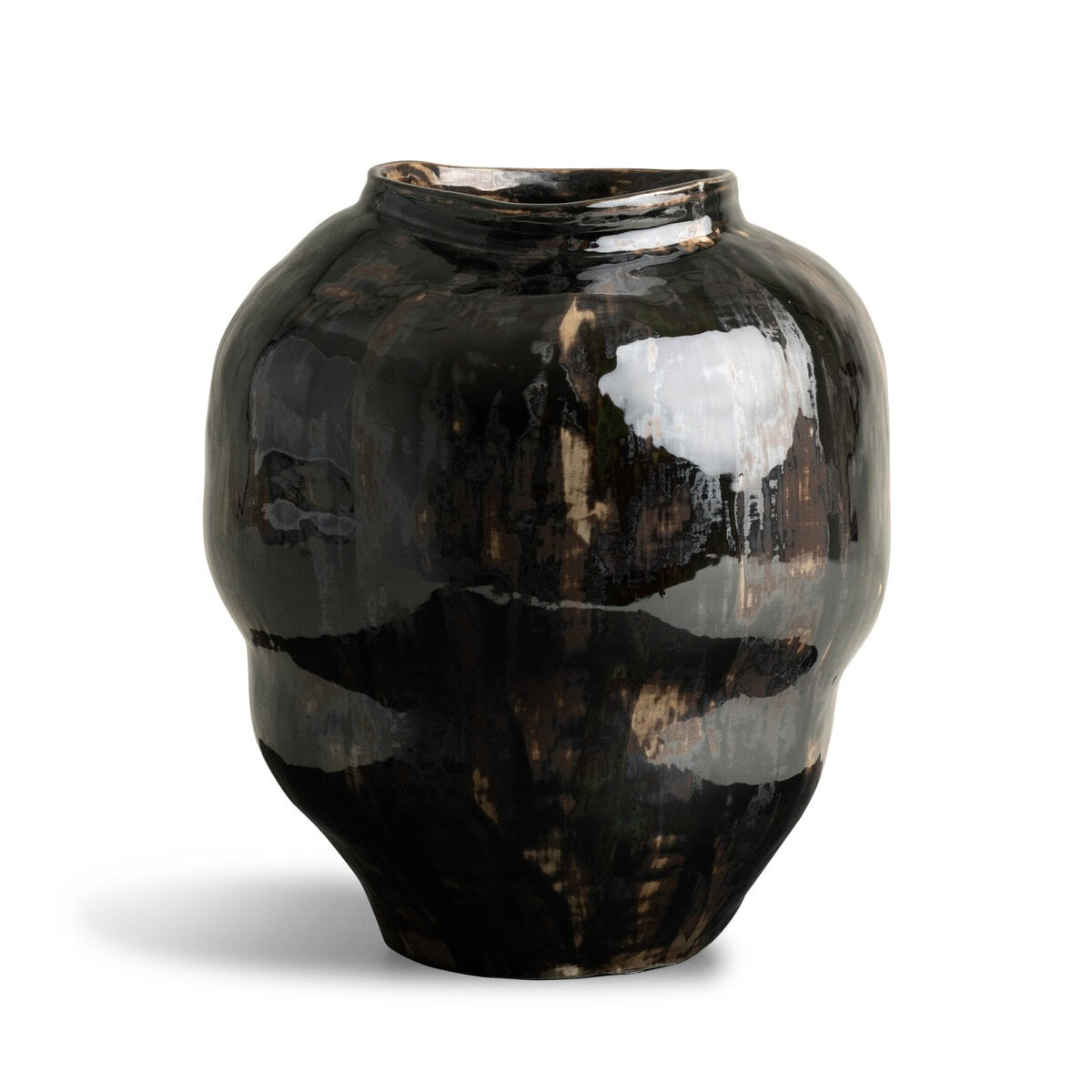 The Fabian Vase by FlowDecor Inc. is a glossy ceramic vessel with a dark hue, irregular rounded shape, and slightly uneven rim, set against a white background.