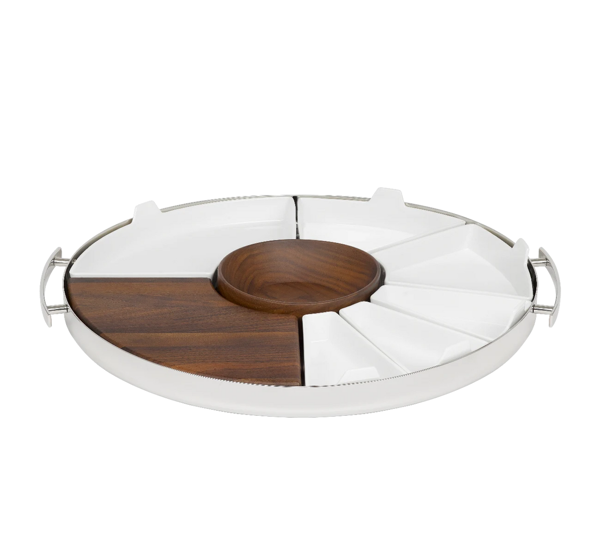 Christofle MOOD PARTY Stainless Steel Round Tray 15.7″, featuring a central wood bowl and an arrangement of white and wood-toned removable dishes with side handles.
