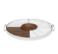 Christofle MOOD PARTY Stainless Steel Round Tray 15.7″, featuring a central wood bowl and an arrangement of white and wood-toned removable dishes with side handles.