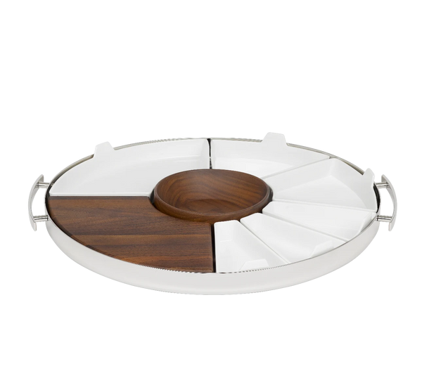 Christofle MOOD PARTY Stainless Steel Round Tray 15.7″, featuring a central wood bowl and an arrangement of white and wood-toned removable dishes with side handles.