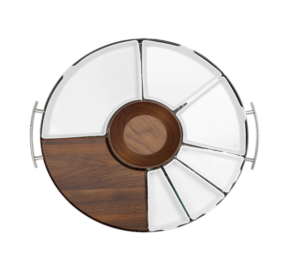 Christofle MOOD PARTY Stainless Steel Round Tray 15.7″ featuring a center wooden bowl, a wooden segment, and several white ceramic compartments.